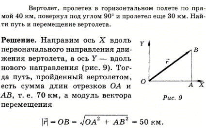 Вертолет, пролетев в горизонтальном полете по прямой 40 км, повернул под углом 90° и пролетел еще 30 км. Найти путь и перемещение вертолета