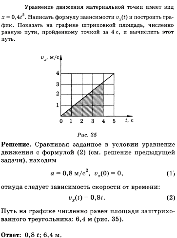 Уравнение движения материальной точки имеет вид х=0,4t^2. Написать формулу зависимости vx t и построить график. Показать на графике штриховкой