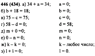 При каком значении буквы верно равенство: а) 34 + a=34; б) b + 18=18; в) 75-c=75; г) 58-d=0; ж) k-k=0; д) m + 0=0; е) 0-n=0; з) l + l=0?