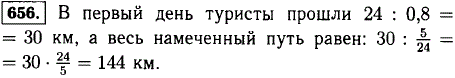 В первый день туристы прошли 5/24 намеченного пути, а во второй день 0,8 того, что прошли в первый день. Как велик намеченный путь, если во второй