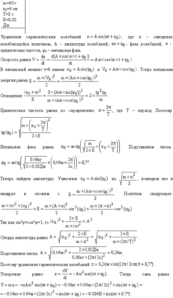 Шарик массой m=60 г колеблется с периодом T=2 c. В начальный момент времени смещение шарика x0=4,0 см и он обладает энергией E=0,02 Дж. Записать