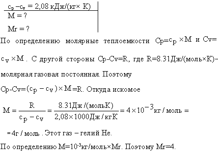 Определить относительную молекулярную массу Mr и молярную массу газа M, если разность его удельных теплоемкостей cp-cV=2,08 ^кДж/ кг*К 