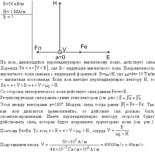 В скрещенные под прямым углом однородные магнитное H=1 МА/м) и электрическое (E=50 кВ/м) поля влетел ион. При какой скорости v иона (по модулю