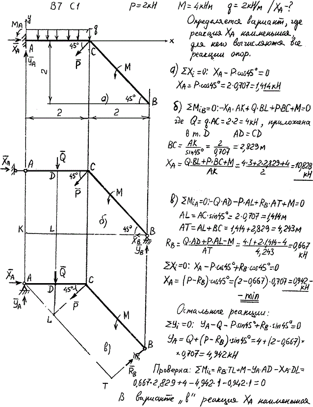 Задание C1 вариант 7. P=2 кН, M=4 кН*м, q=2 кН/м, исследуемая реакция XA.