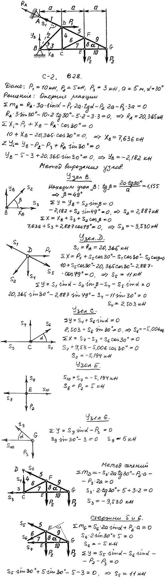 Задание C2 вариант 28. P1=10 кН, P2=5 кН, P3=3 кН, a=5 м, α=30 град, номер стержня 3, 5, 6.