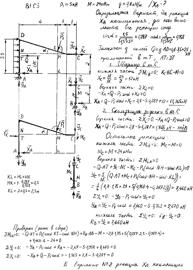 Задание C3 вариант 1. P1=5 кН; M=24 кН*м; q=0,8 кН/м; исследуемая реакция XA; вид скользящей заделки