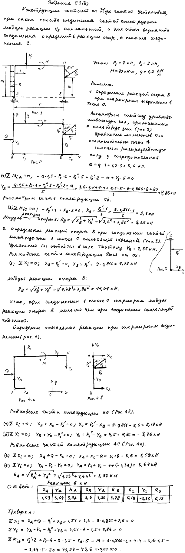 Задание C3 вариант 3. P1=7 кН; P2=9 кН; M=20 кН*м; q=1,2 кН/м; исследуемая реакция RB; вид скользящей заделки