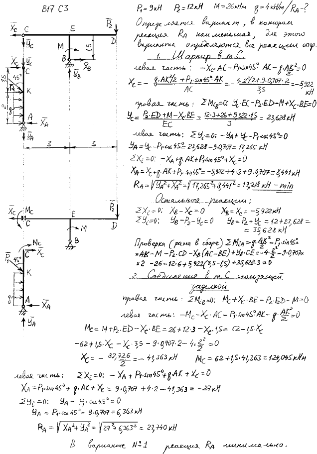 Задание C3 вариант 17. P1=9 кН; P2=12 кН; M=26 кН*м; q=4 кН/м; исследуемая реакция RA; вид скользящей заделки