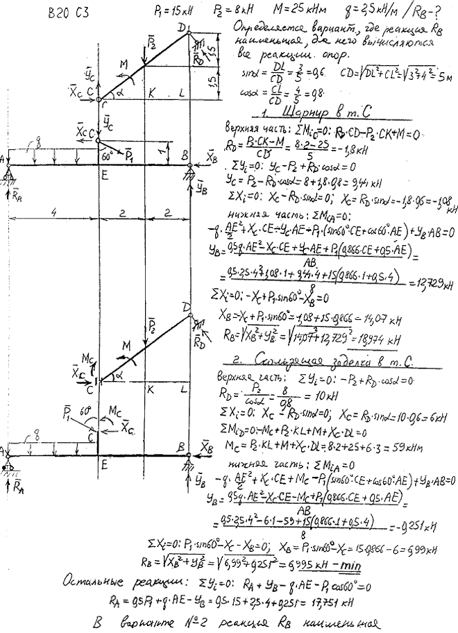 Задание C3 вариант 20. P1=15 кН; P2=8 кН; M=25 кН*м; q=2,5 кН/м; исследуемая реакция RB; вид скользящей заделки