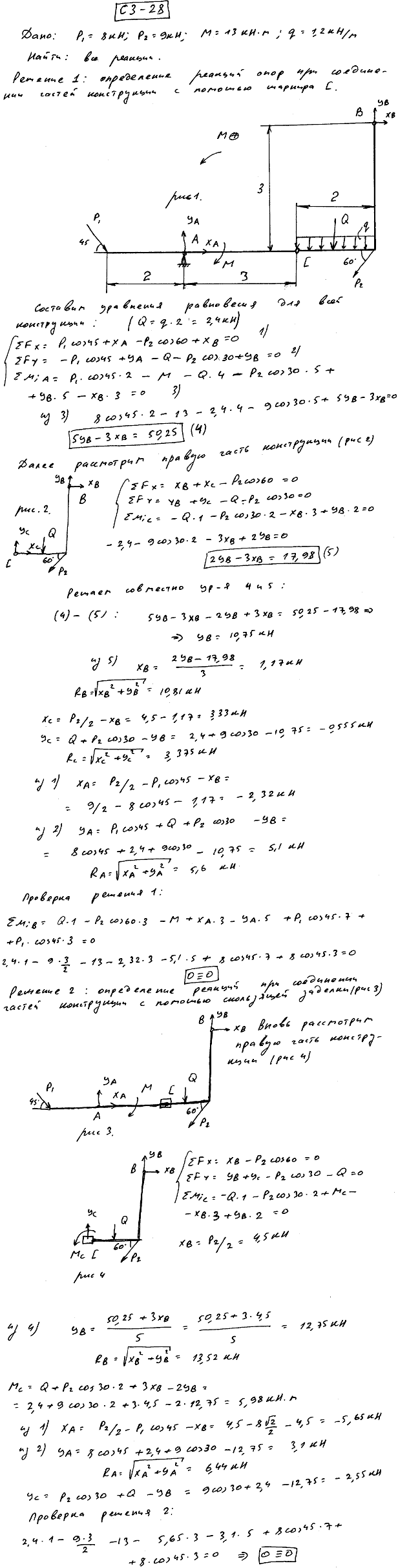 Задание C3 вариант 28. P1=8 кН; P2=9 кН; M=13 кН*м; q=1,2 кН/м; исследуемая реакция RA; вид скользящей заделки