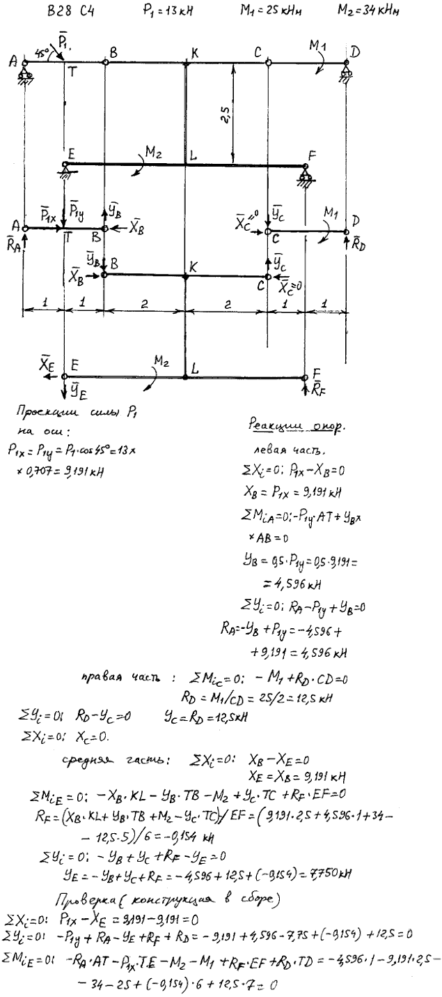Задание C4 вариант 28. P1=13 кН; M1=25 кН*м; M2=34 кН*м. Составные части соединены с помощью шарниров.