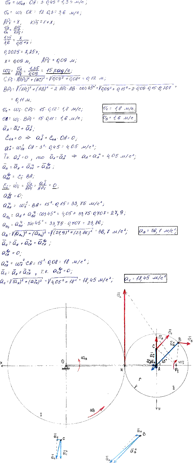 Задание К.3 вариант 14. OA=45 см, r=15 см, AC=8 см, ωOA=3 рад/с, ωI=12 рад/с, εOA=0 рад/с^2