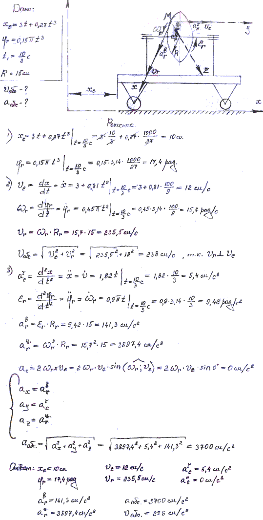 Задание К.7 вариант 6. xe t =3t + 0,27t^3; t1=10/3 c; R=15 см; φr=0,15πt3