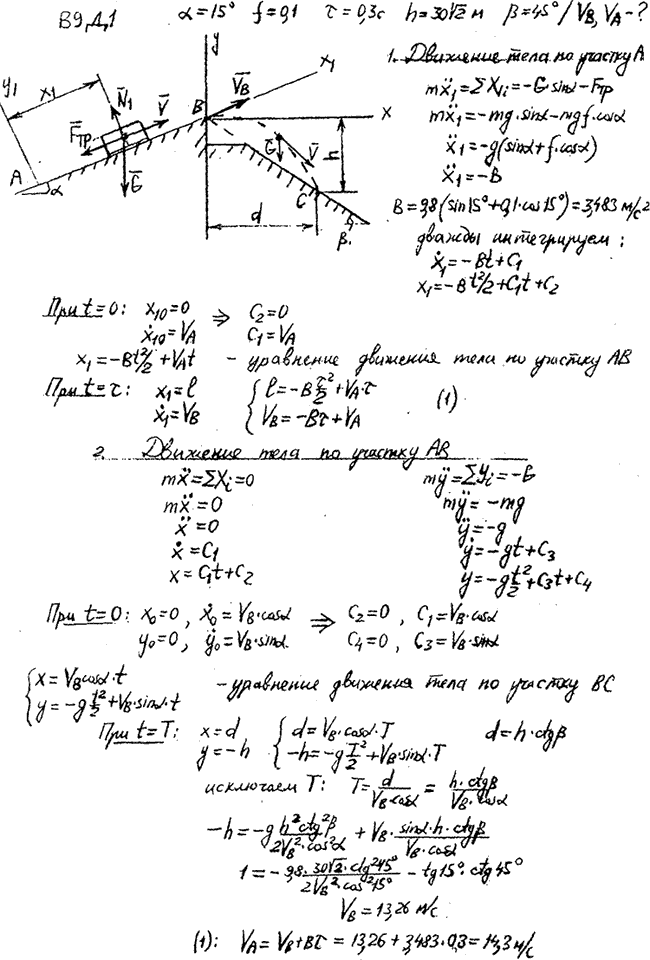 Задание Д.1 вариант 9. Дано: α=15°; τ=0,3 с; f=0,1; h=30√2 м; β=45°.Определить vB и vA.