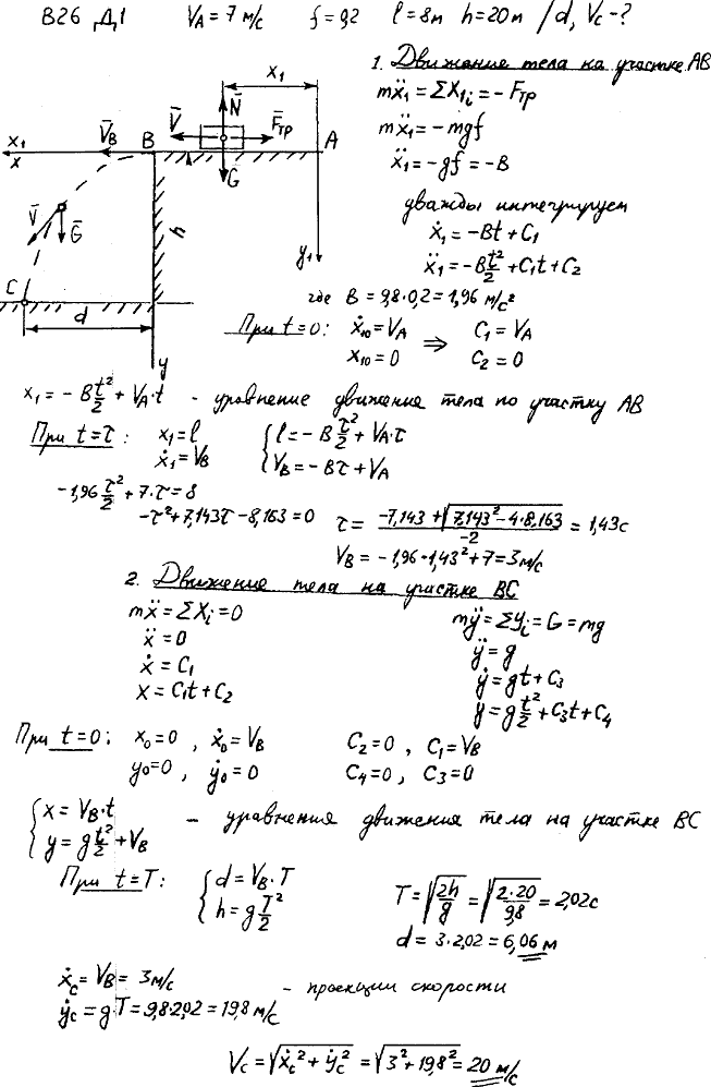 Задание Д.1 вариант 26. Дано: vA=l м/с; f=0,2; l=8 м; h=20 м. Определить d и vC.