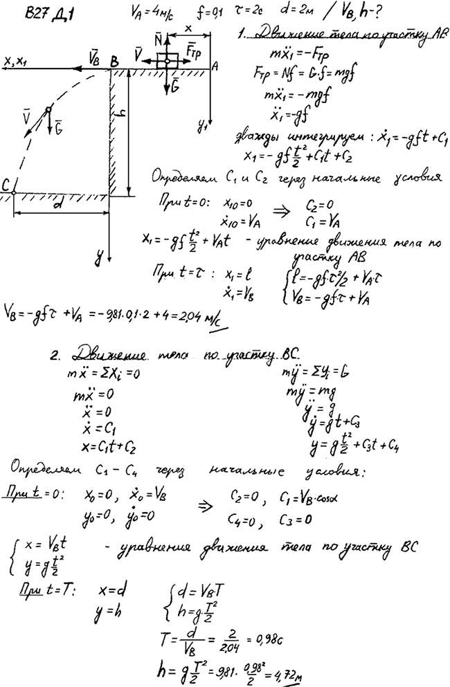Задание Д.1 вариант 27. Дано: vA=4 м/с; f=0,1; τ=2 с; d=2 м. Определить vB и h.