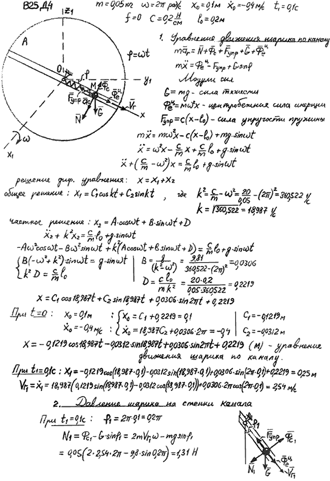 Задание Д.4 вариант 25. m=0,05 кг; ω=2π рад/с; x0=0,1 м; x0\'=-0,4 м/с; t1=0,1 с; c=0,20 Н/см; l0=0,20 м; f=0