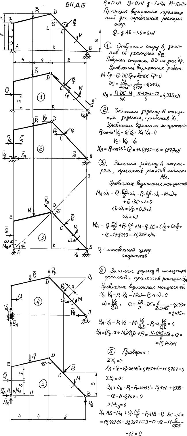Задание Д.15 вариант 11. P1=12 кН, P2=11 кН, q=1 кН/м, M=12 кН*м