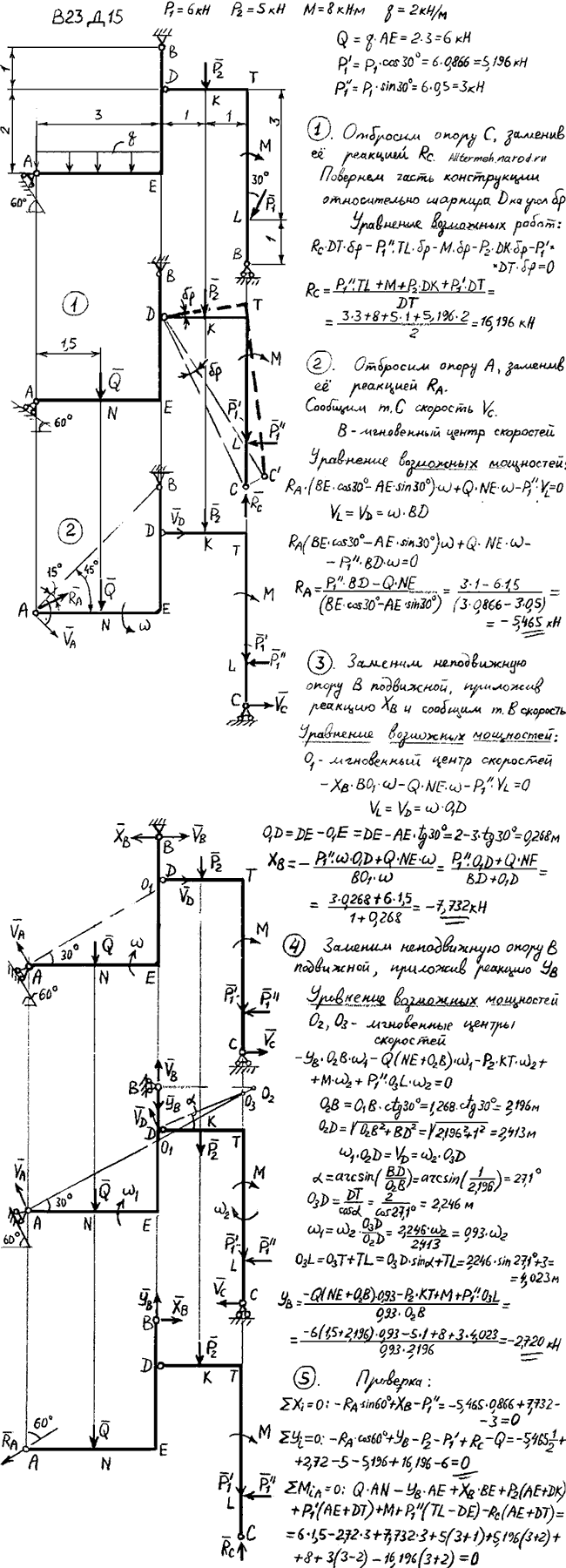 Задание Д.15 вариант 23. P1=6 кН, P2=5 кН, q=2 кН/м, M=8 кН*м