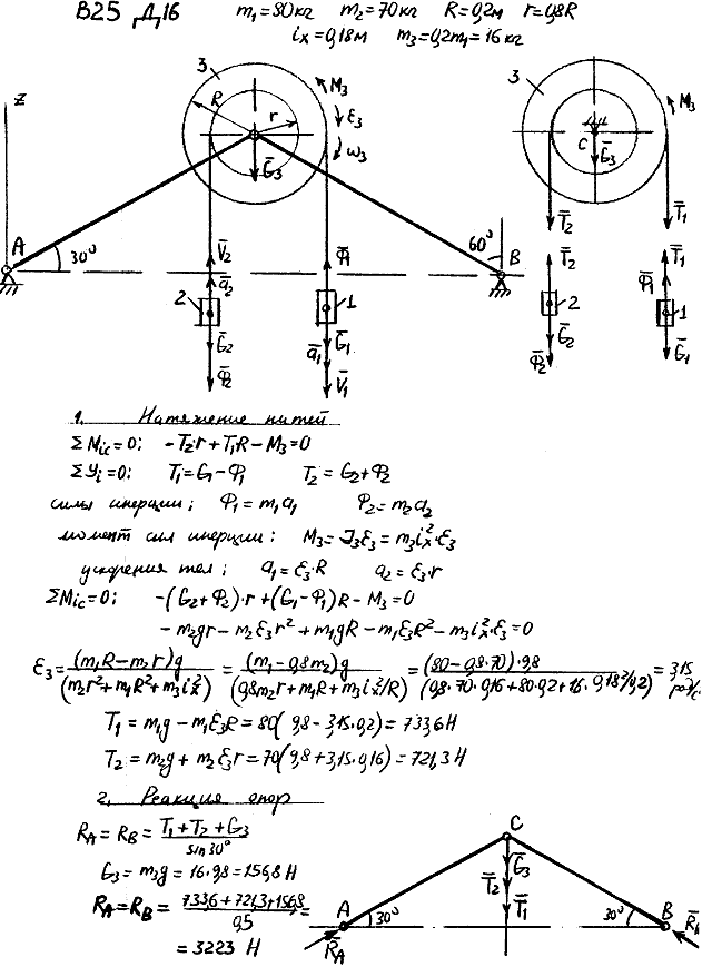 Задание Д.16 вариант 25. m1=50 кг; m2=70 кг; R=0,20 м; Радиус инерции шкива 3 ix=0,18 м