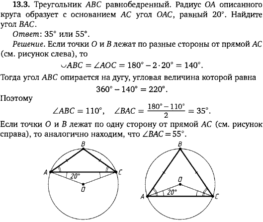 Треугольник ABC равнобедренный. Радиус OA описанного круга образует с основанием AC угол OAC, равный 20°. Найдите угол BAC.