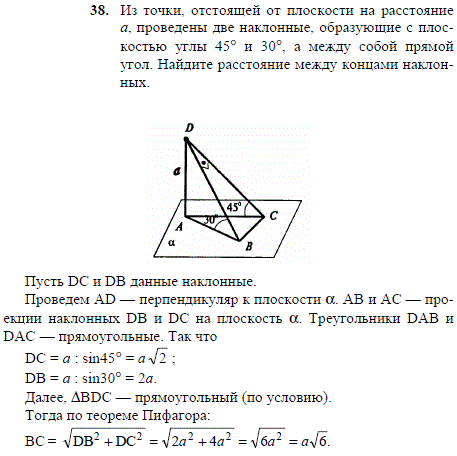 Из точки, отстоящей от плоскости на расстояние a, проведены две наклонные, образующие с плоскостью углы 45° и 30°, а между собой прямой угол