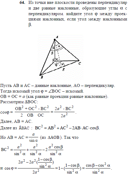 Из точки вне плоскости проведены перпендикуляр и две равные наклонные, образующие углы α с перпендикуляром. найдите угол φ между проекциями наклонных