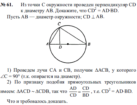Из точки C окружности проведен перпендикуляр CD к диаметру AB. Докажите, что CD^2=AD.BD.