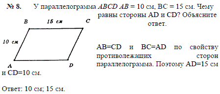 У параллелограмма ABCD AB=10 см, BC=15 см. Чему равны стороны AD и CD? Объясните ответ.