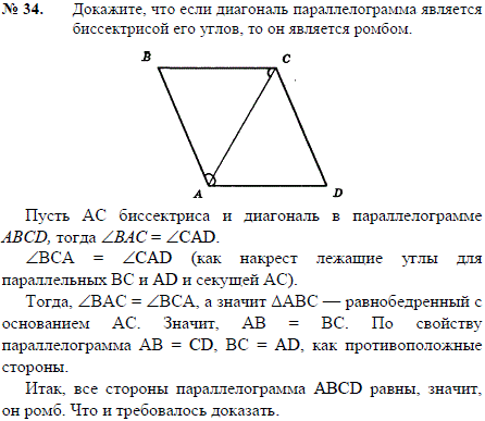 Докажите, что если диагональ параллелограмма является биссектрисой его углов, то он является ромбом.