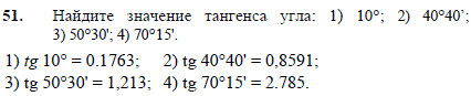 Найдите значение тангенса угла: 1) 10°; 2) 40°40'; 3) 50°30'; 4) 70°15'.
