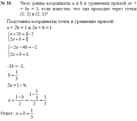 Чему равны координаты a и b в уравнении прямой ax + by=1, если известно, что она проходит через точки 1; 2) и (2; 1 ?