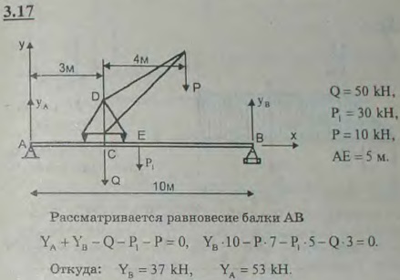 На балке AB длины 10 м уложен путь для подъемного крана. Вес крана равен 50 кН, и центр тяжести его находится на оси CD; вес груза P равен 10