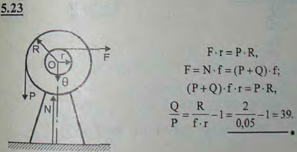 Цилиндрический вал веса Q и радиуса R приводится во вращение грузом, подвешенным к нему на веревке; вес груза равен P. Радиус шипов вала r=R/2