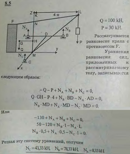 Подъемный кран установлен на трехколесной тележке ABC. Известны размеры крана: AD=DB=1 м, CD=1,5 м, CM=1 м, KL=4 м. Кран уравновешивается противовесом