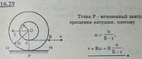 Катушка радиуса R катится по горизонтальной плоскости HH без скольжения. На средней цилиндрической части катушки радиуса r намотана нить, конец