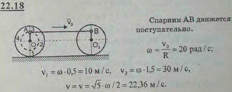 Найти абсолютную скорость какой-либо точки M спарника AB, соединяющего кривошипы OA и O1B осей O и O1, если радиусы колес одинаковы: R=1 м; радиусы