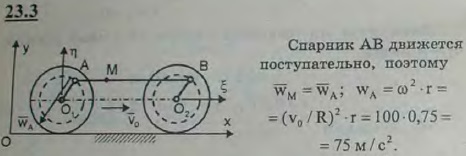 Определить абсолютное ускорение какой-нибудь точки M спарника AB, соединяющего кривошипы осей O и O1, если экипаж движется по прямолинейному