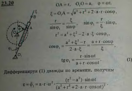 Выразить как функцию времени угловое ускорение ε качающейся кулисы поперечно-строгального станка, если кривошип длины r вращается равномерно