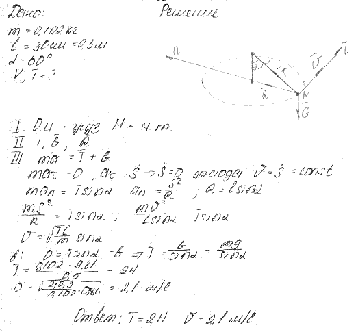 Груз М массы 0,102 кг, подвешенный на нити длины 30 см в неподвижной точке O, представляет собой конический маятник, т. е. описывает окружность