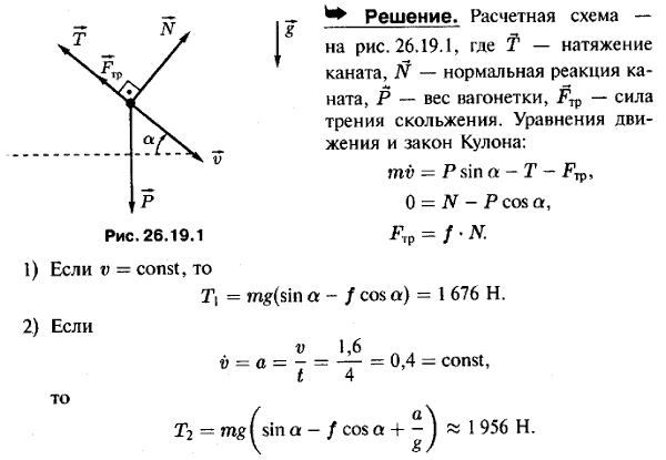 Груженая вагонетка массы 700 кг опускается по канатной железной дороге с уклоном α=15°, имея скорость v=1,6 м/с. Определить натяжение каната