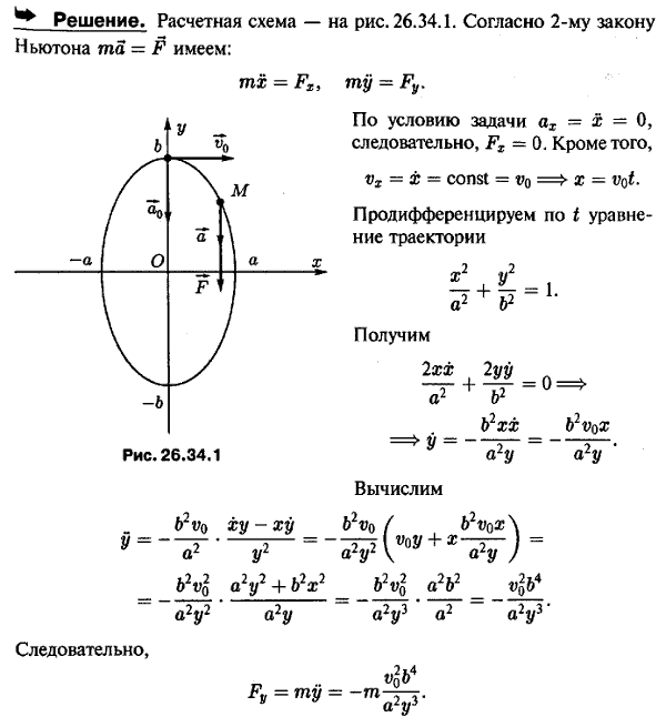 Точка массы m движется по эллипсу x^2/a2+y2/b2=1. Ускорение точки параллельно оси y. При t=0 координаты точки были x=0, y=b, начальная скорость