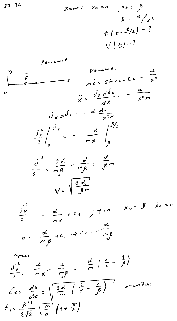 Точка массы m начинает двигаться без начальной скорости из положения x=β прямолинейно вдоль оси x под действием силы притяжения к началу координат