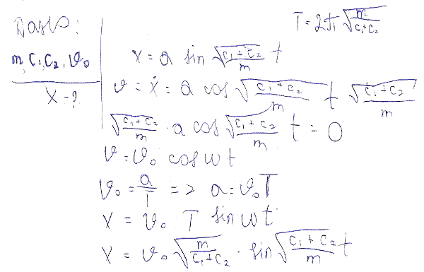 В условиях предыдущей задачи найти уравнение движения груза, если в положении равновесия ему сообщили скорость v0, направленную вниз.