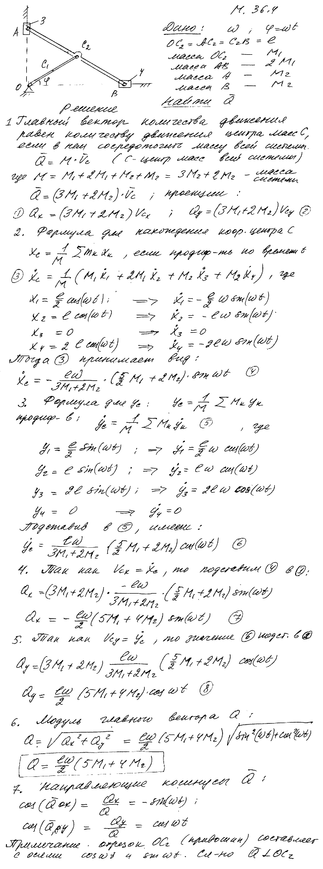 Определить модуль и направление главного вектора количеств движения механизма эллипсографа, если масса кривошипа равна M1, масса линейки AB эллипсографа