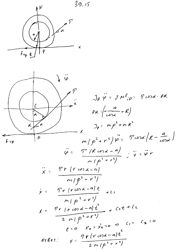 На барабан однородного катка массы M и радиуса r, лежащего на горизонтальном шероховатом полу, намотана нить, к которой приложена сила T под