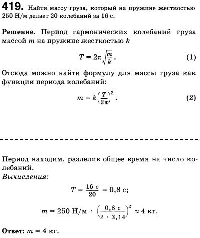 Найти массу груза, который на пружине жесткостью 250 Н/м делает 20 колебаний за 16 с