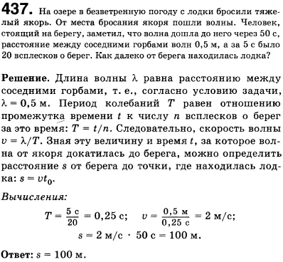 На озере в безветренную погоду с лодки бросили тяжелый якорь. От места бросания якоря пошли волны. Человек, стоящий на берегу, заметил, что волна