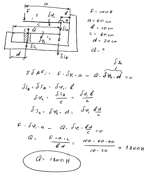 Определить модуль силы Q, сжимающей образец A, в рычажном прессе, изображенном на рисунке. Дано: F=100 Н, a=60 см, b=10 см, c=60 см, d=20 см