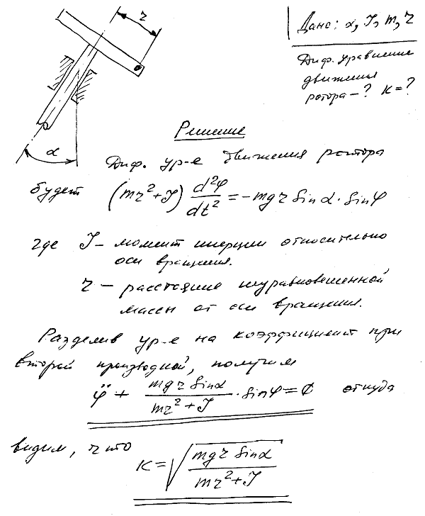 В машине для статического уравновешивания роторов подшипники наклонены под углом α к вертикали. Ротор, помещенный в подшипник, имеет момент инерции